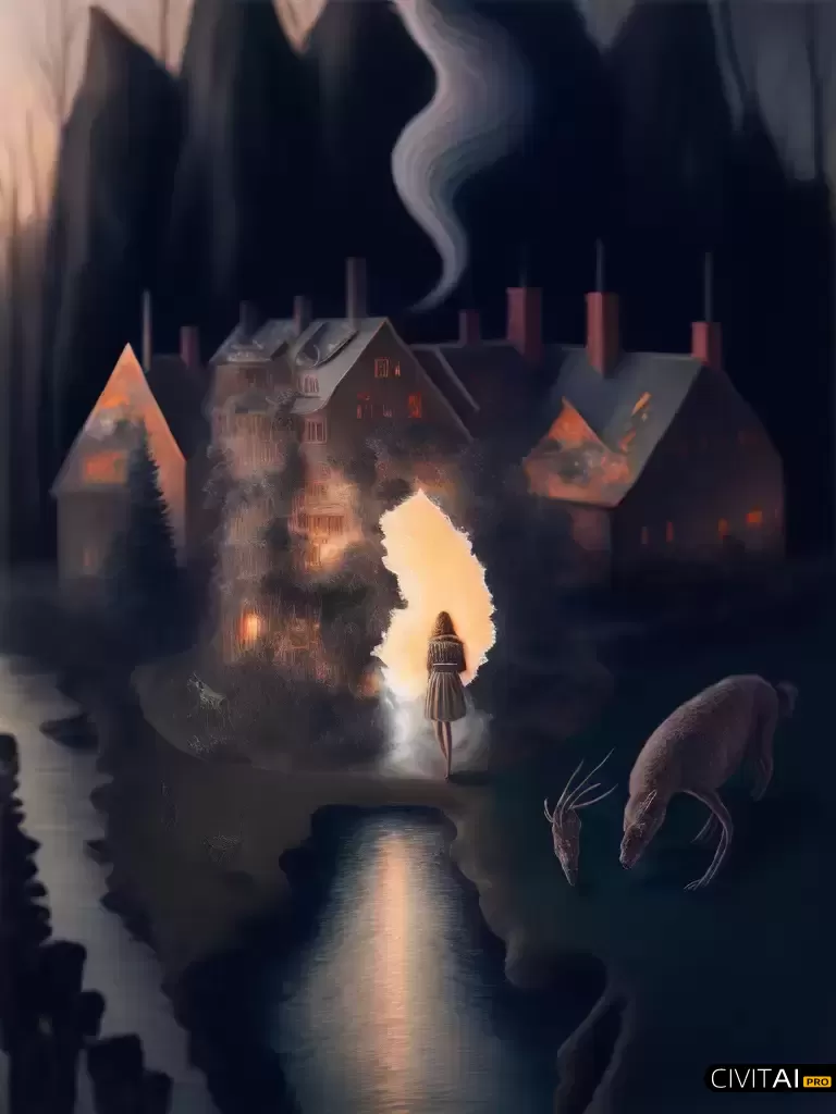 女主和她的狗在烟雾缭绕的房前