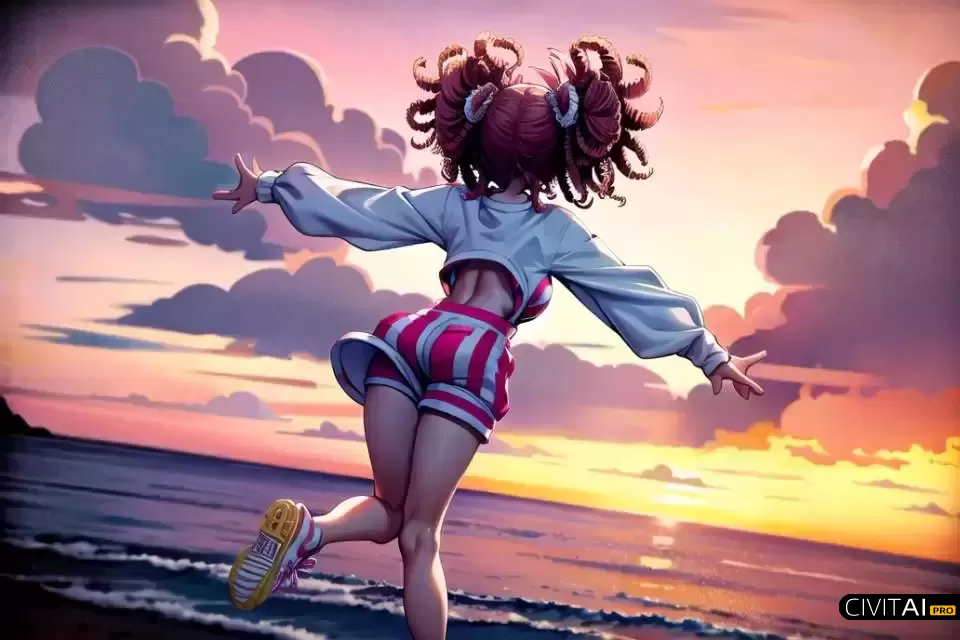 穿着连身裤和运动鞋在天空中飞舞女孩