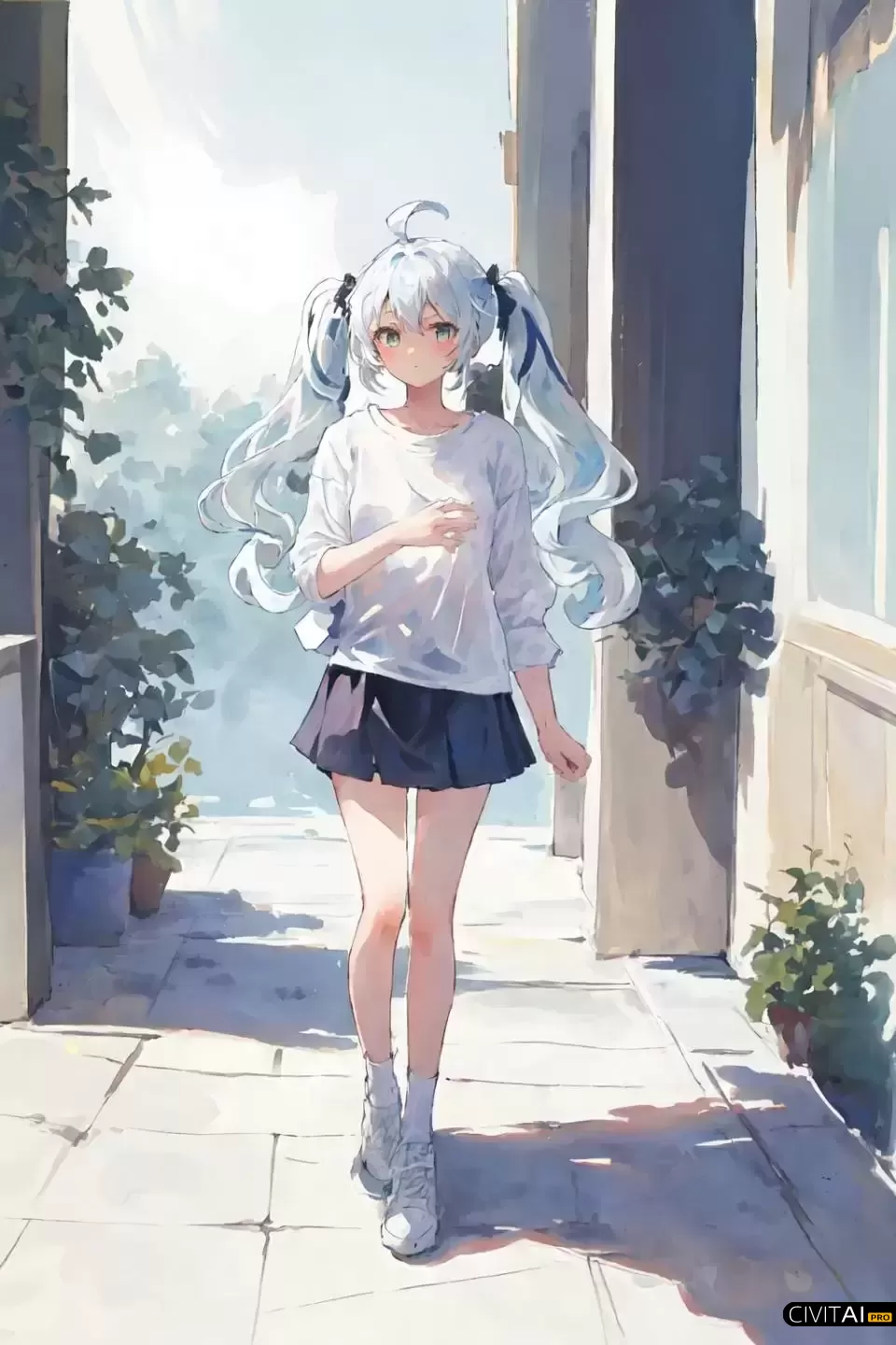 双马尾女孩白背景下的艺术描绘