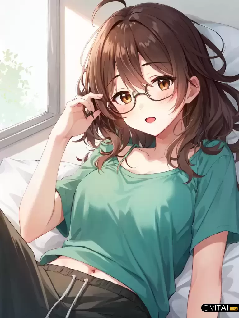 头发中等胸部绿色背心灰色运动裤波浪嘴女孩