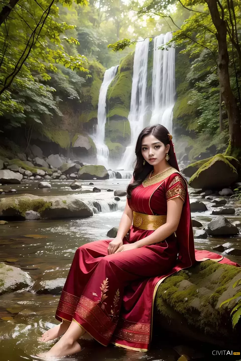 瀑布旁穿红连衣裙女性