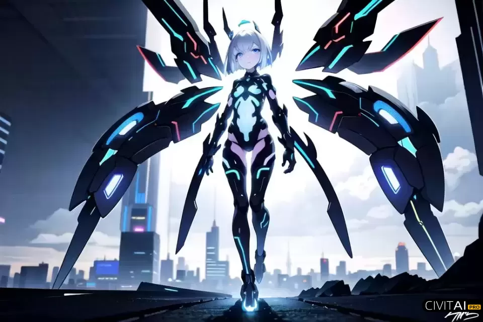 全身带翅膀飞行银发动漫女孩