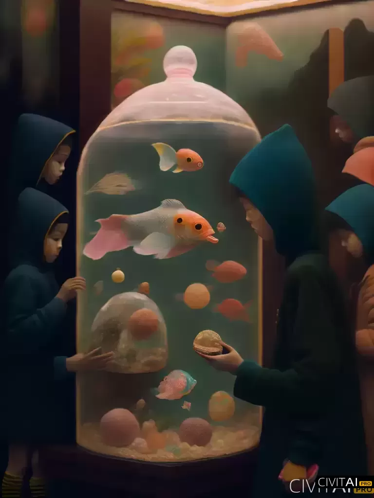 一个孩子在一个装满甜甜圈的鱼缸前拿着一个甜甜圈