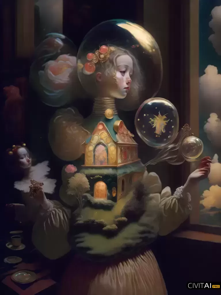 玩偶与房子女子在气泡中的绘画世界