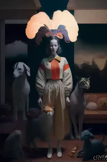 和猫狗相伴的女子在客厅中站立