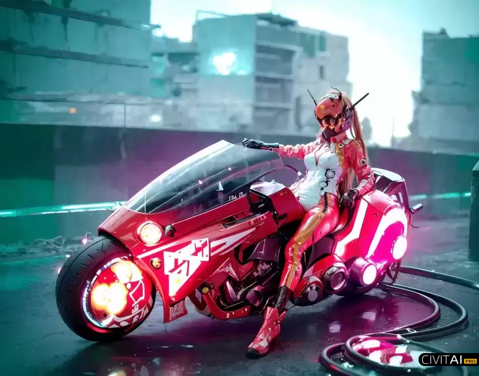 身穿皮衣皮裤骑着红色摩托车的女士