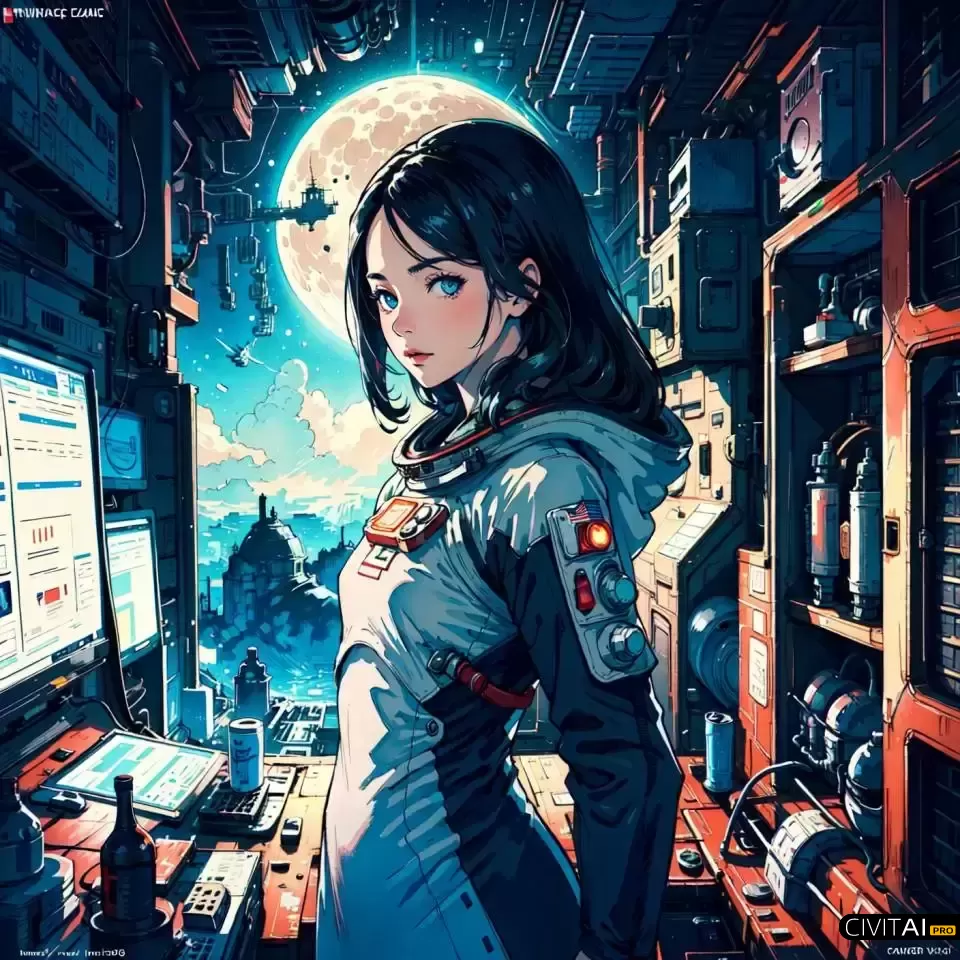 监视器屏幕长黑发太空舱女孩