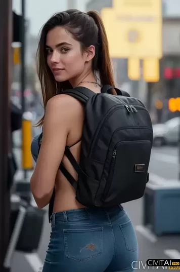 穿着浸湿的衣服背着背包的女孩