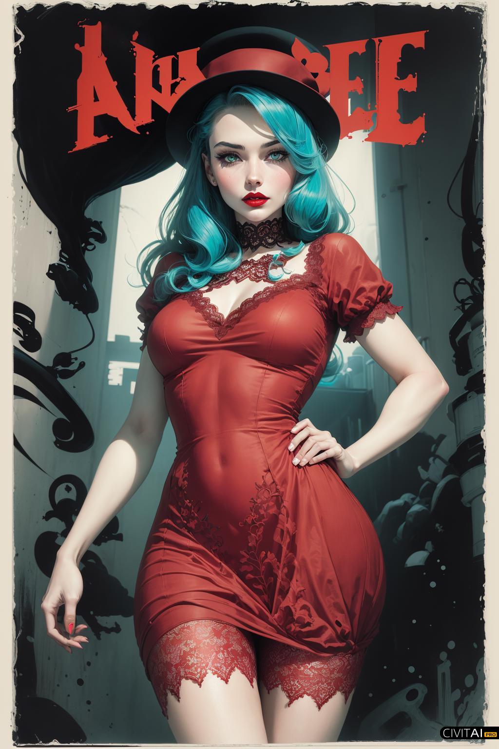 采用DC漫画风格的红色蕾丝裙女士