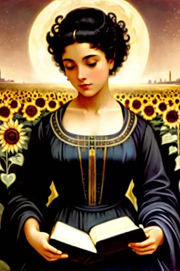 向日葵中正在读书的女人画作