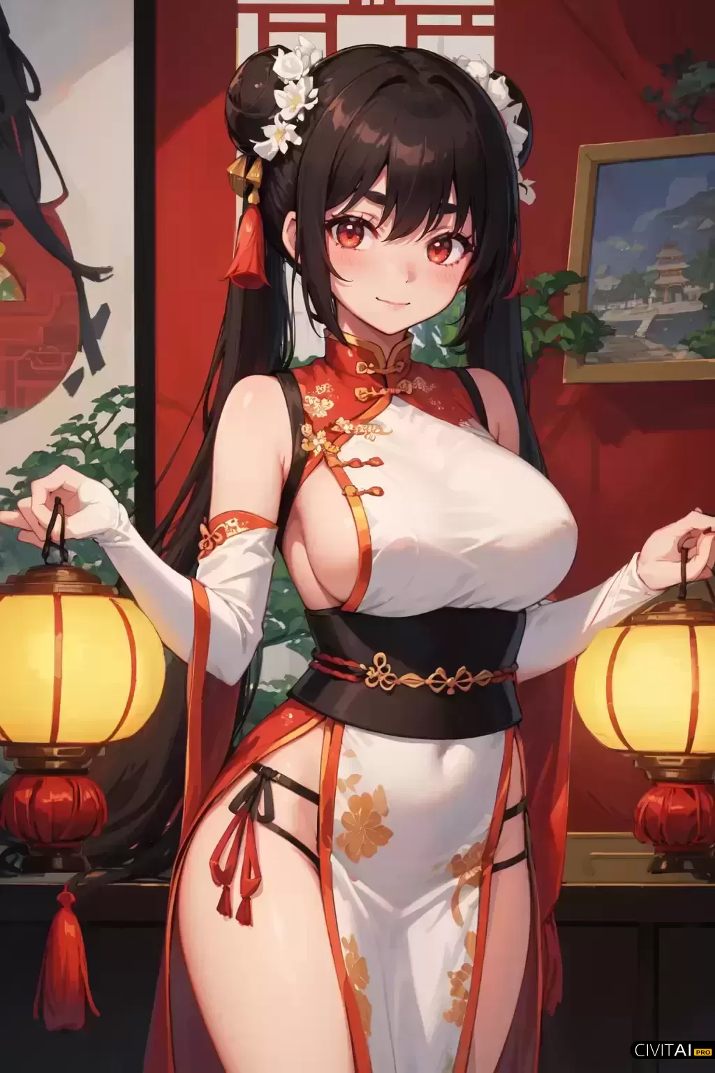 双手提灯笼穿中国传统服装绝美少女肖像插图