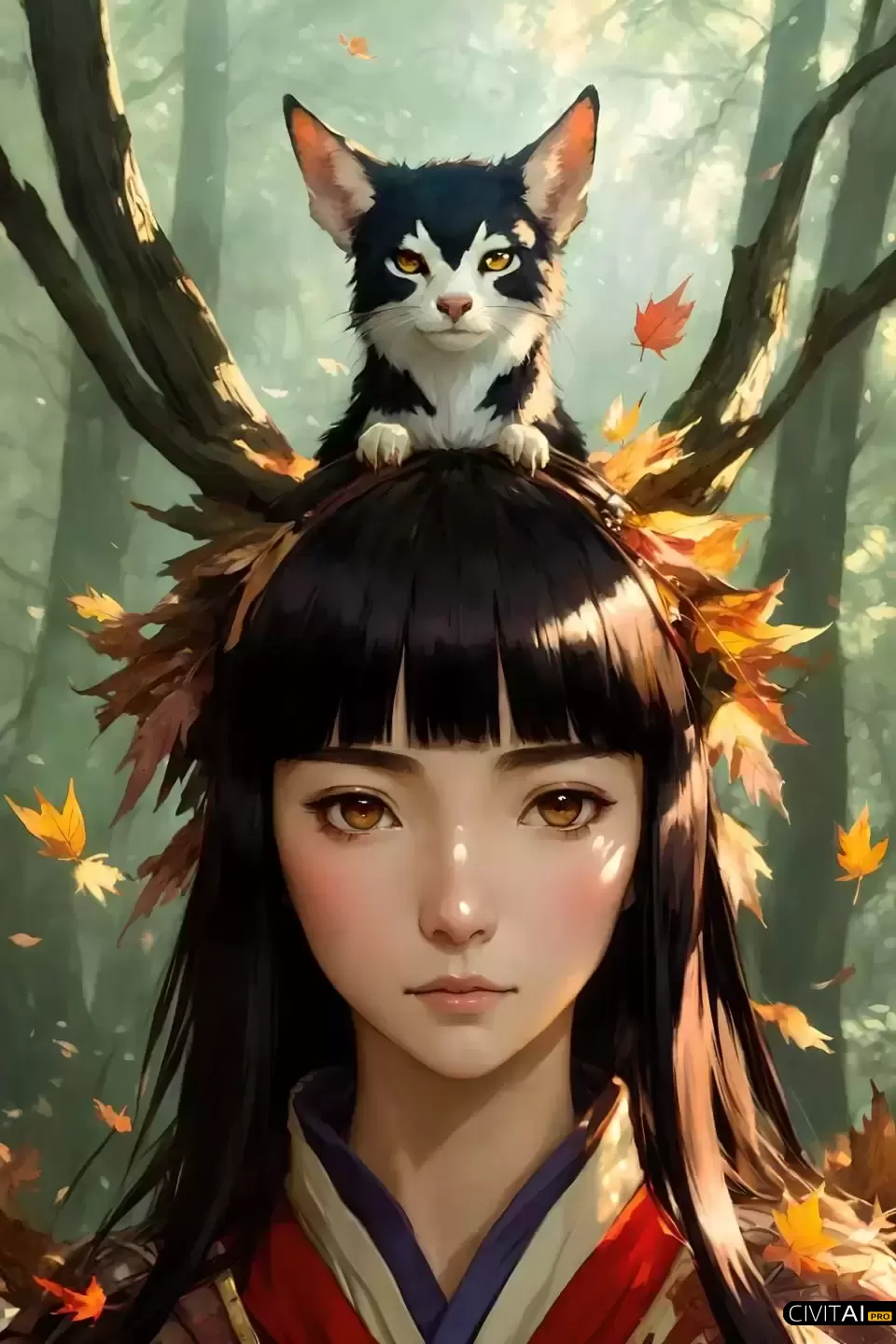 头上有只猫的女孩肖像画插图