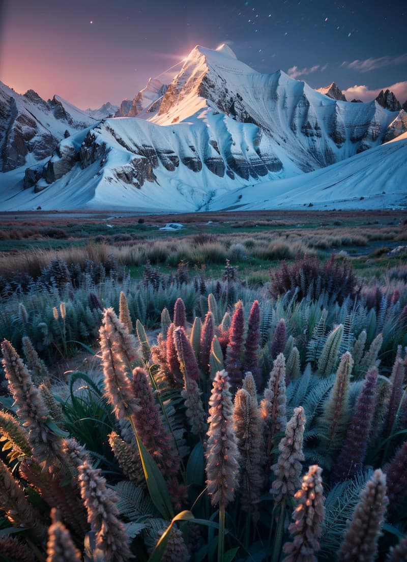 雪山下的紫色猫尾草