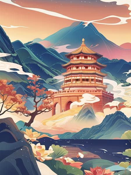 国潮/国风建筑/人物插画风格插图