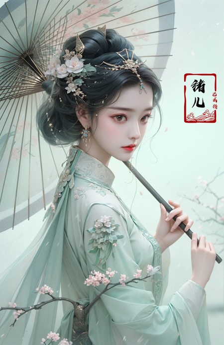 古风美人雨中撑伞写真LoRA插图1