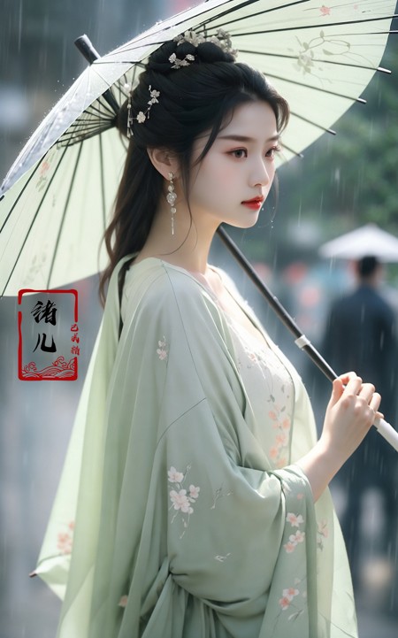 古风美人雨中撑伞写真LoRA插图2