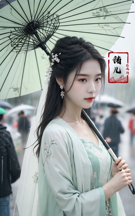 古风美人雨中撑伞写真LoRA插图3