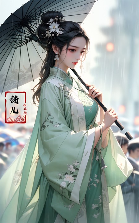 古风美人雨中撑伞写真LoRA插图5