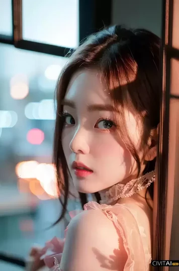 窗边侧脸开心微笑的女孩