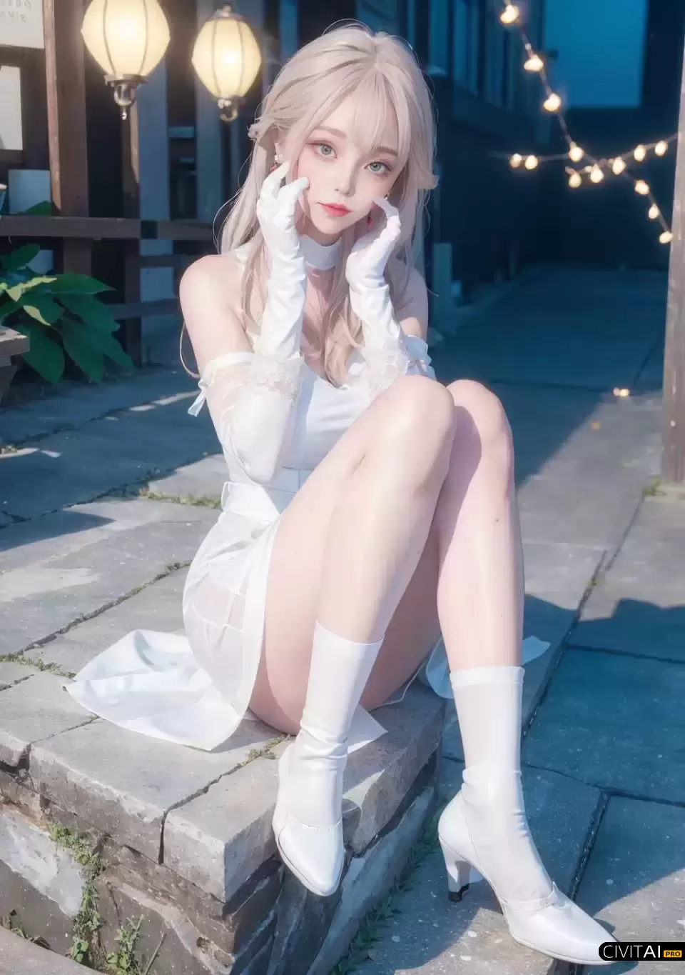 坐在路灯下石板上的女孩