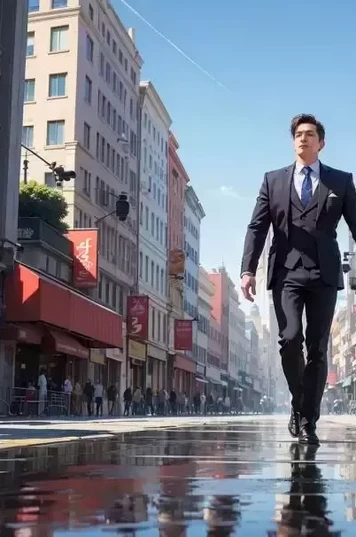 走在城市街道上的黑色西服男子