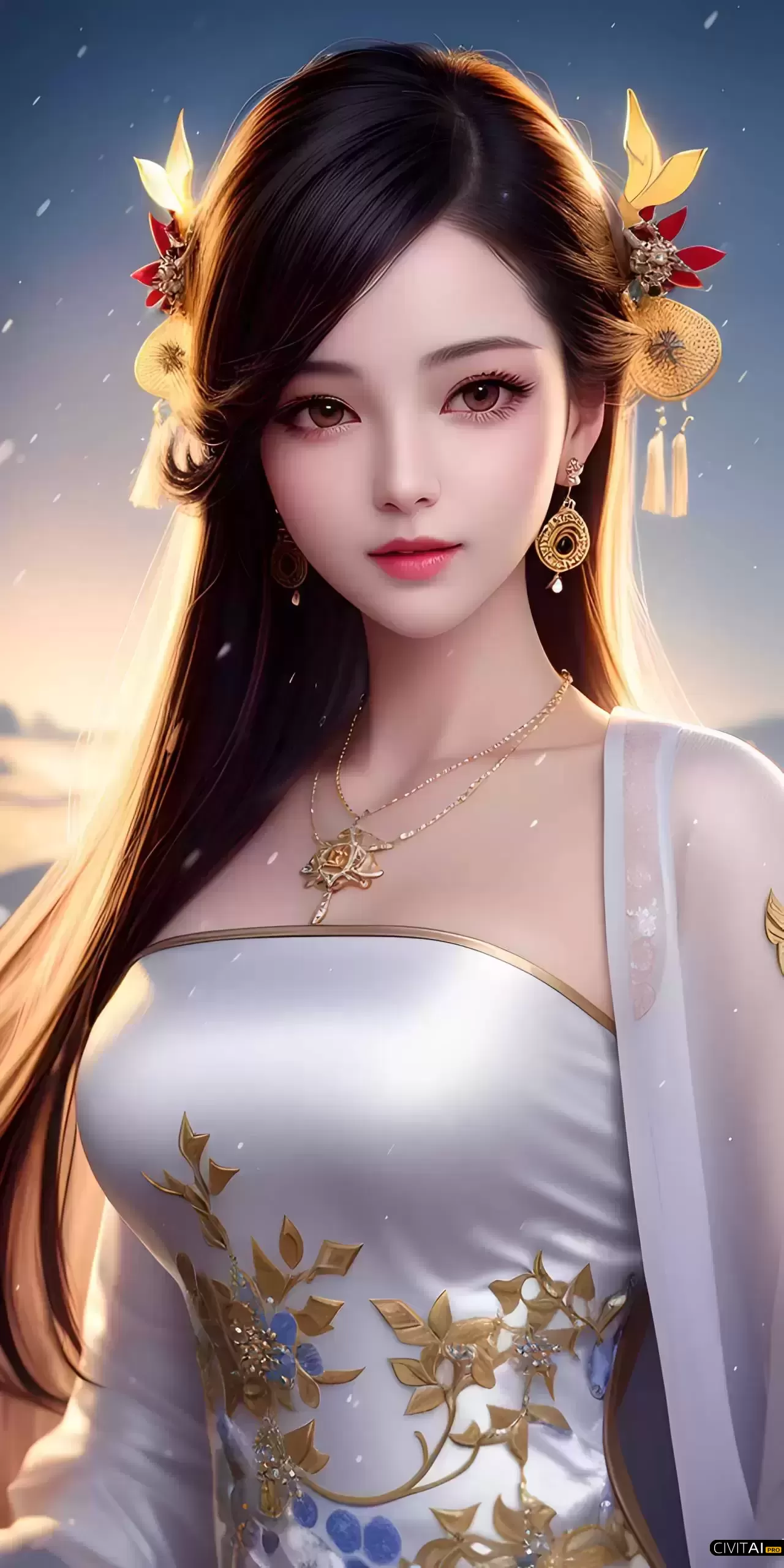 透明丝绸连衣裙的中国古典美女