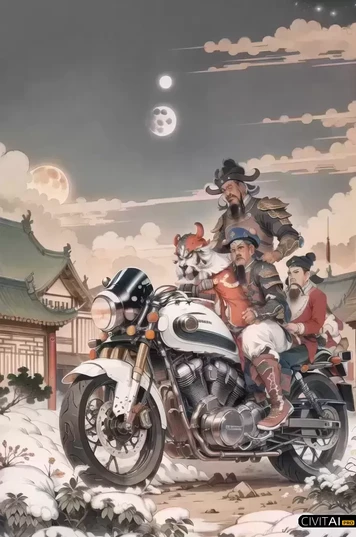 夜色中骑着摩托车的古代将军画