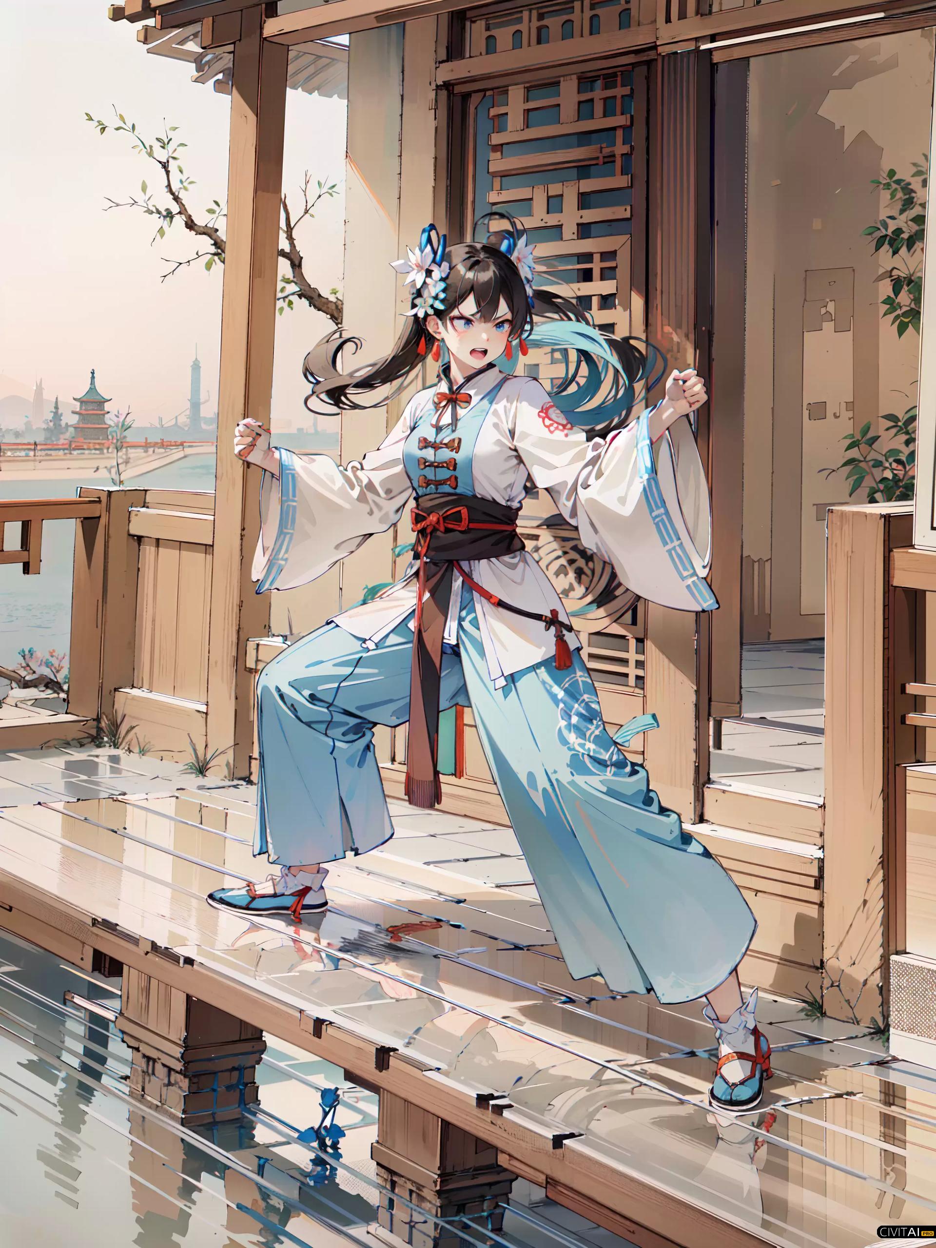 正在门前比武的双马尾女孩