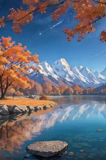 秋日夜晚星空下的山谷湖泊