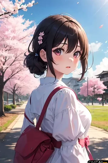 樱花树下的女孩回眸瞬间