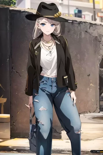戴着帽子穿着牛仔裤的时尚女孩