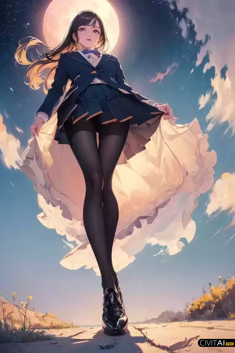 明亮的星空下的少女校服夜行