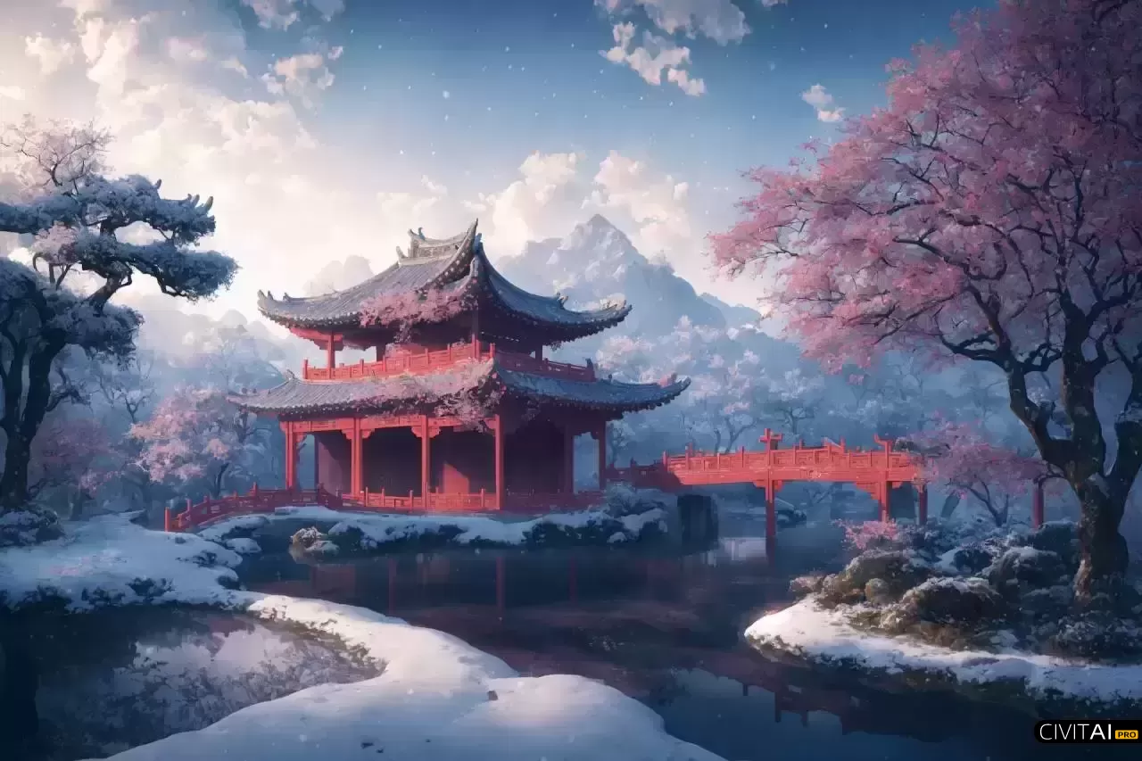 古典中国花园建筑风景冬日壁纸