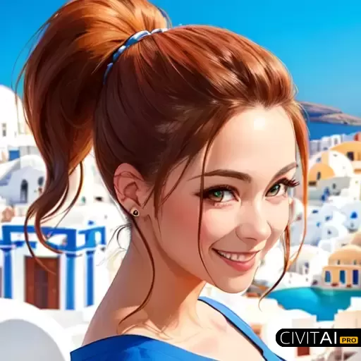 在美丽希腊岛上拍照的微笑女孩