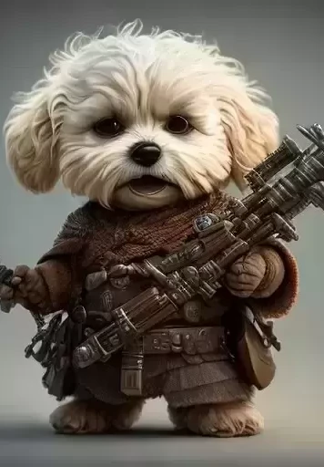 握武器的小狗梦幻超现实风格绘画