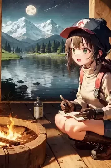 夜晚山中露营的女孩与自然的奇妙探索