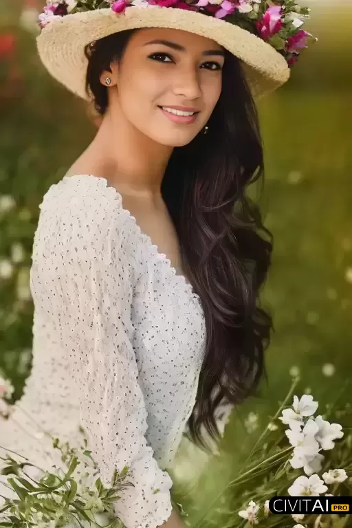 戴着草帽穿白色连衣裙的女士