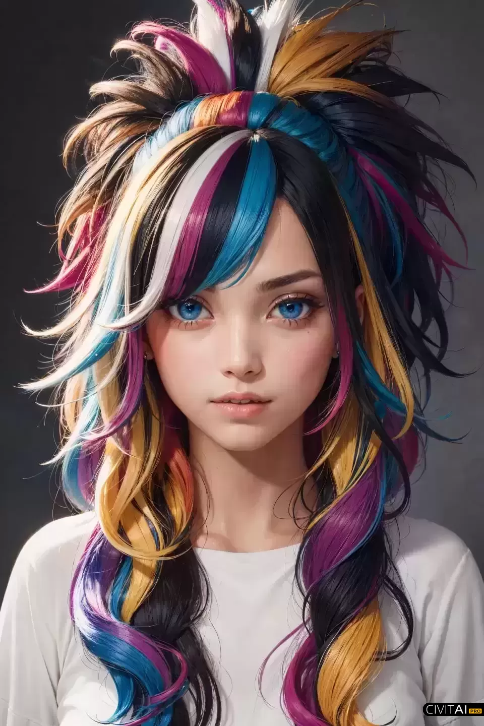 长着五颜六色头发的女性肖像照