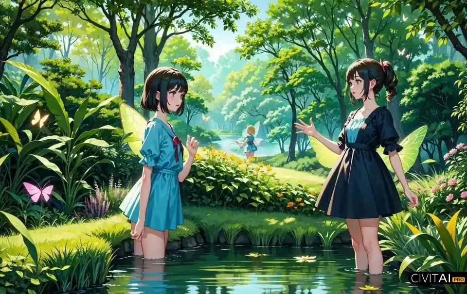 森林池塘里玩耍的连衣裙女孩