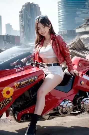 骑着一辆红色摩托车的女性