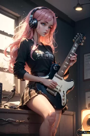 粉发蓝眼女孩吉他演奏高清艺术