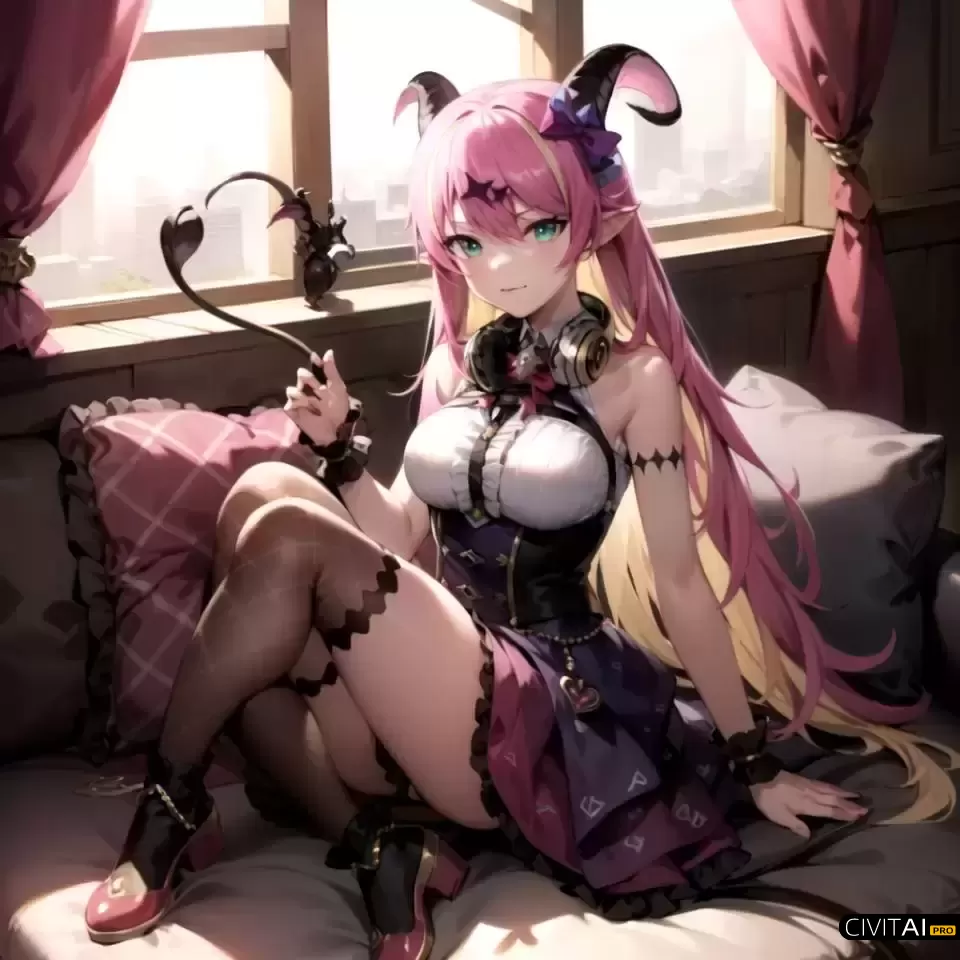 坐在卧室里的紫色长发女孩