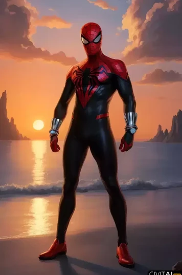 海边穿着红黑色服装的蜘蛛侠