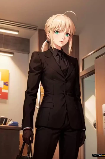 穿黑西装长裤的马尾辫女孩
