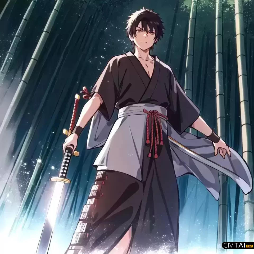 夜间竹林的孤独武士剑魂