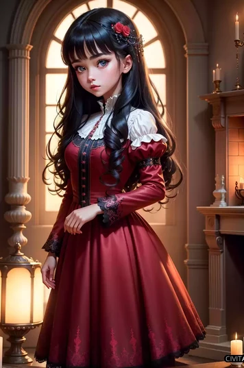 绚丽光影下的红裙少女