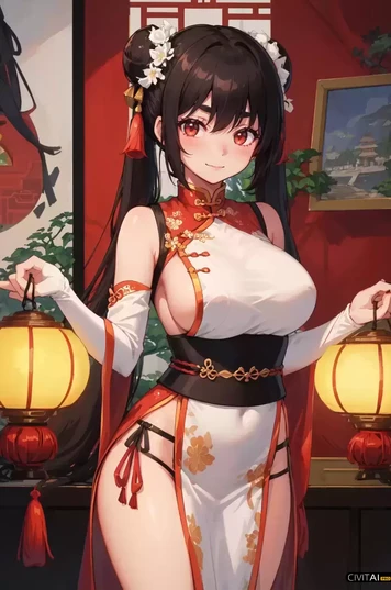 双手提灯笼穿中国传统服装绝美少女肖像