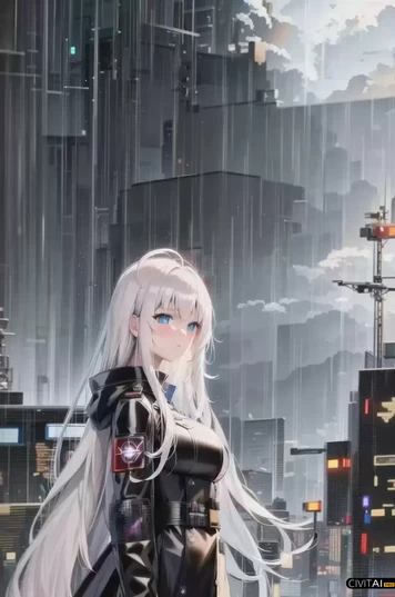 雨衣女子在赛博朋克城市之旅