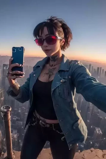 一个纹身女孩在霓虹之城的高空自拍