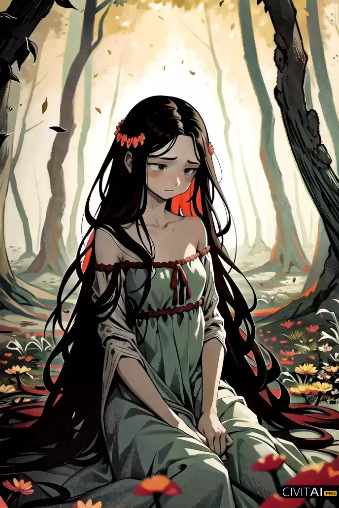 在被野花环绕的长发女孩